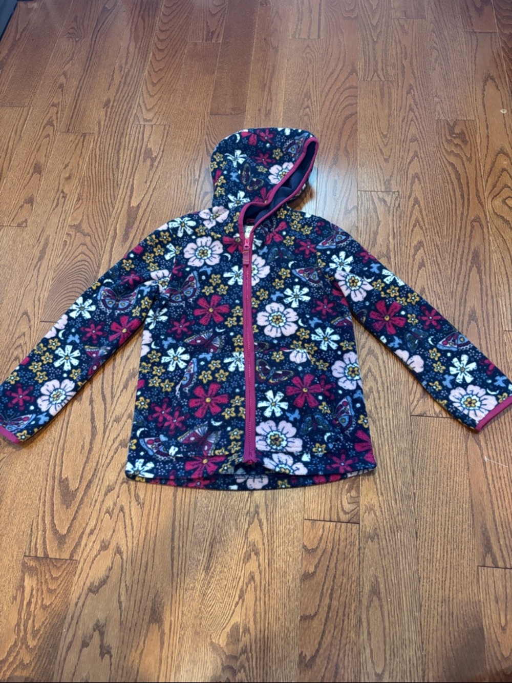 Kids Floral Hooded Fleece Jacket - Navy with Pink Trim
